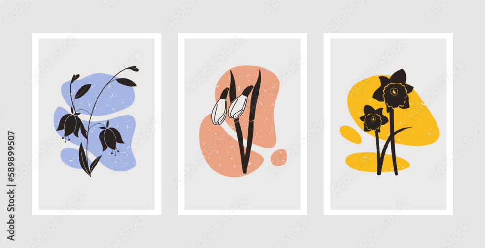 Abstract wall art vector set. Hand drawing flowers with abstract shape for decoration, print, cover, wallpaper, Minimal and natural wall art. Vector illustration Abstract wall art vector set. Hand drawing flowers with abstract shape for decoration, print, cover, wallpaper, Minimal and natural wall art. Vector illustration