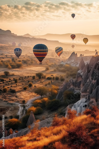 group of balloons flying in sky over mountains in summer morning at sunrise. Generative AI illustration