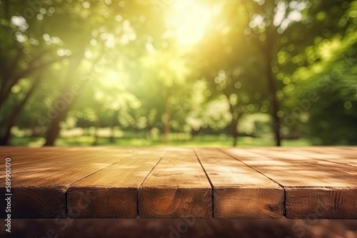 Wooden Tabletop with Sunlight filtering through the Trees. Generative AI