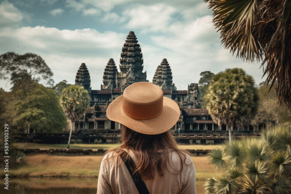  a Woman in a Hat Looking over Angkor Wat in Cambodia, generative AI