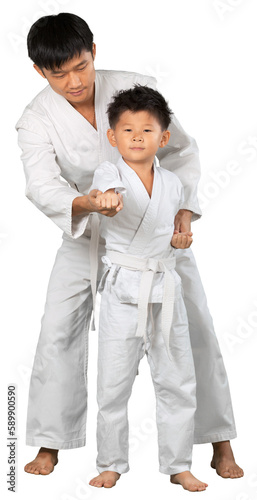 Asian Little Karate Boy and hid Teacher in White Kimono