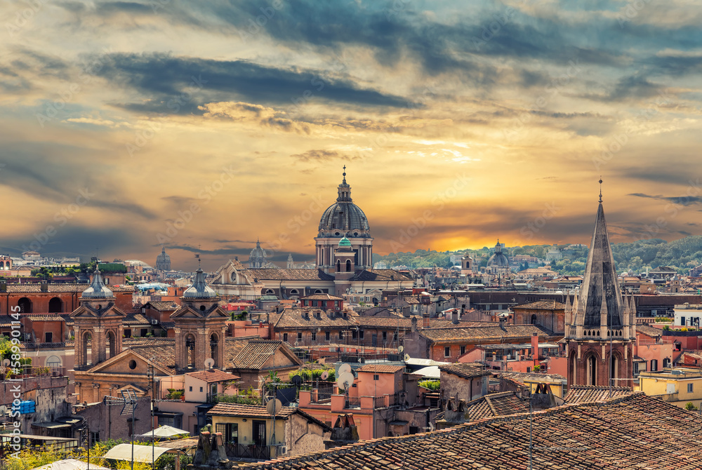 View on the roman roofs and Campus Martius from the Pincian Hill, Rome, Italy