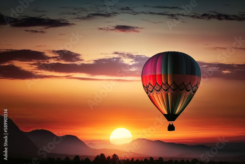 travel balloon flying in sky at sunset in summer. Generative AI illustration