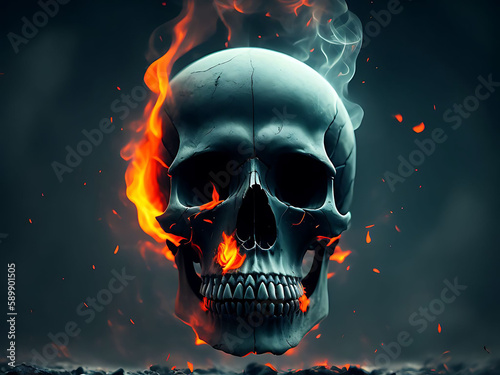 The skull with fire and smoke on dark background. Generative AI