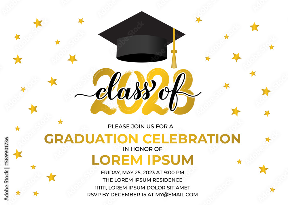 Graduation party invitation card template. Graduation celebration announcement. Class of 2023 vector illustration