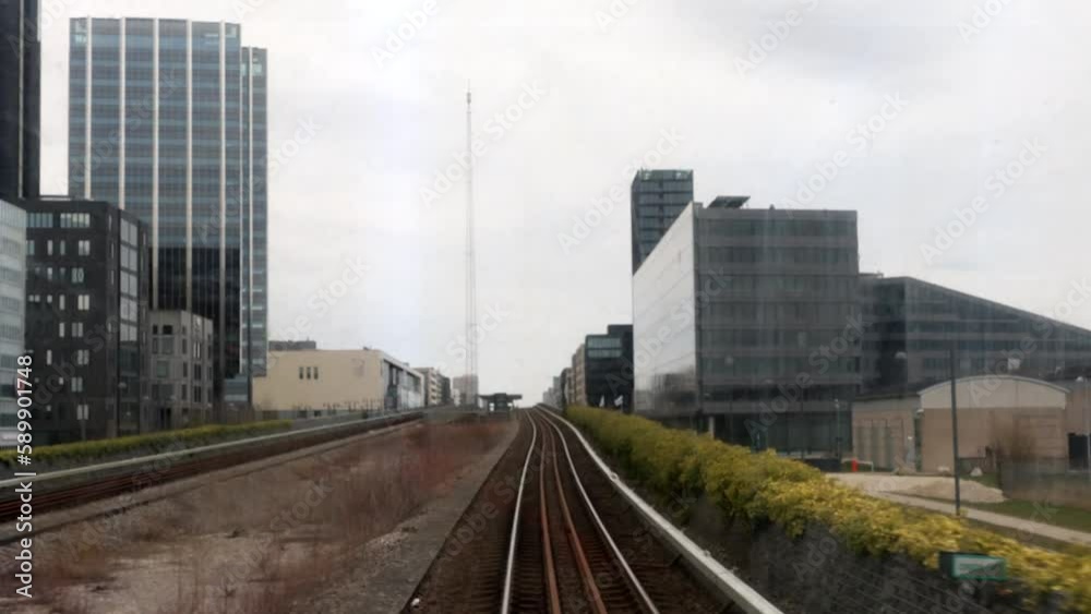 Copenhagen, Denmark A view out the window from the driverless Copenhagen Metro moving on the Vestamager M1 green line. Copenhagen, Denmark A view out the window from the driverless Copenhagen Metro moving on the Vestamager M1 green line.