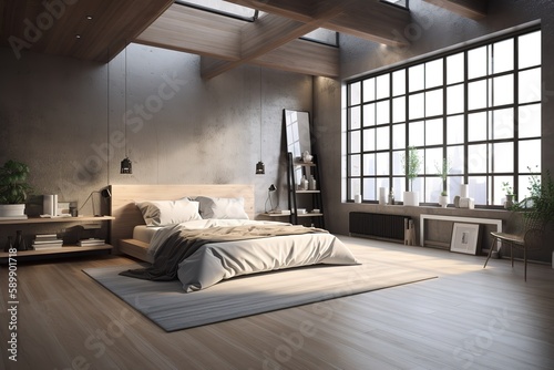 Interior of a hotel bedroom in the morning   Cosy Boho style bedroom interior with furniture and decorative elements. Bright natural light   Modern bedroom interior with concrete walls  Generative AI