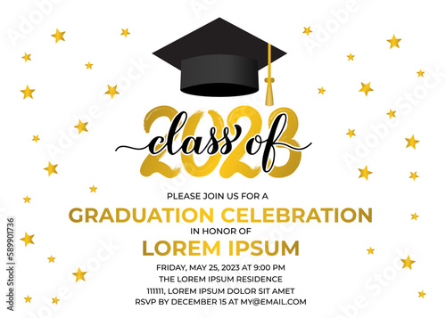 Obraz na płótnie Graduation party invitation card template. Graduation celebration announcement. Class of 2023 vector illustration w salonie