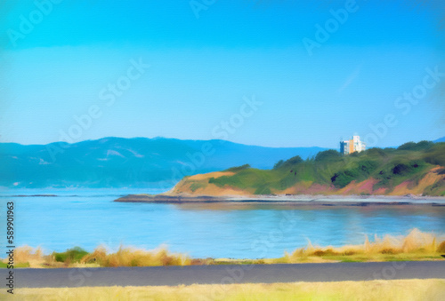 Digital Pastel Art. Pacific ocean bay at Victoria city, British Columbia, Canada