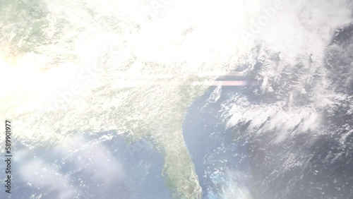 Earth zoom in from outer space to city. Zooming on Statesboro, Georgia, USA. The animation continues by zoom out through clouds and atmosphere into space. Images from NASA