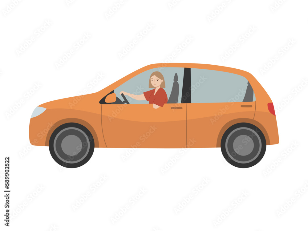Young woman with amputated hand driving a car. Handicapped person. Isolated vector illustration 