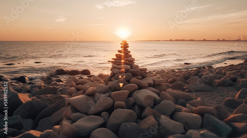 Pyramid of stones for meditation lying on sea coast at sunset. generative ai