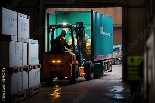 Forklift Operator Loading Large Shipping Containers at a Warehouse Dock During Early Morning Hours. photo