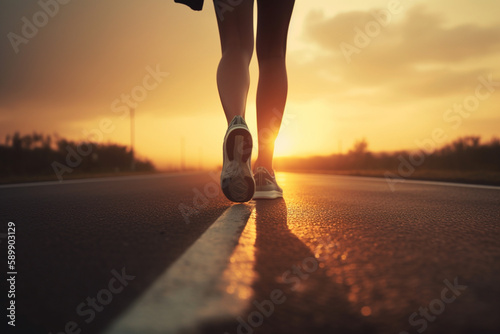 Runner with running shoes walking into the sunset on the road, ai generated