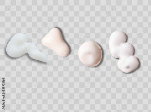 Realistic set of vector strokes of cosmetic cream. Smears of cosmetic white skin cream of various shapes and sizes, isolated on a transparent background. Top view