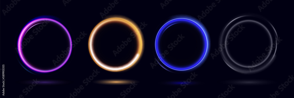 Neon swirl. Curve blue line light effect. Abstract ring background with glowing swirling background. Energy flow tunnel. Blue portal, platform. Magic circle vector.