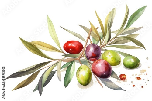 still life painting featuring olives and leaves against a plain white background. Generative AI