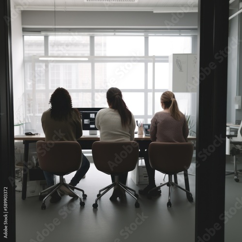 Team meeting in the office, view from behind