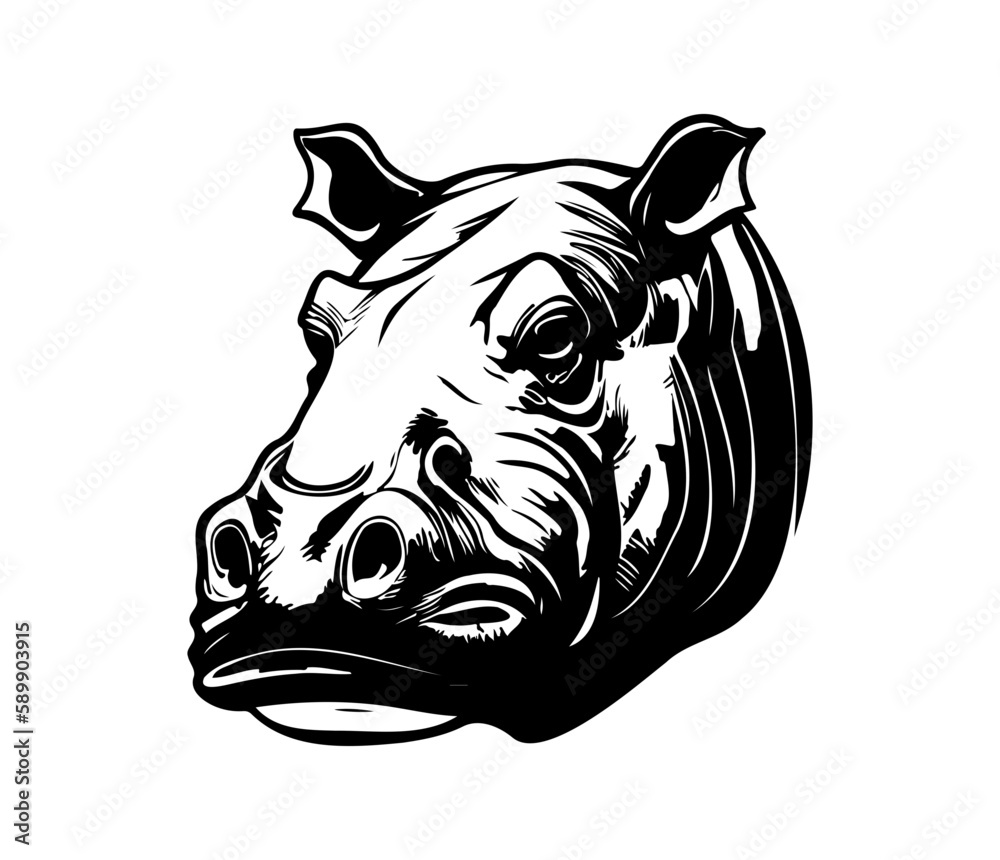 Obraz premium Hippopotamus Face, Silhouettes Hippopotamus Face SVG, black and white Hippo vector