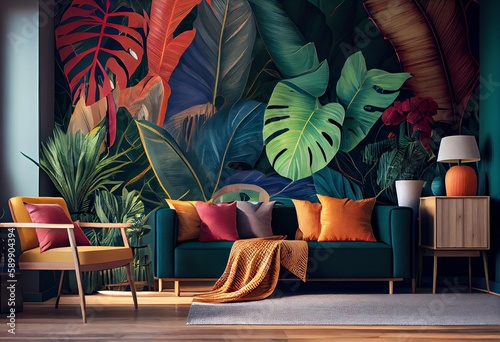Fototapeta Naklejka Na Ścianę i Meble -  Living room interior with tropical plant wallpaper and colorful leaves. Generative AI