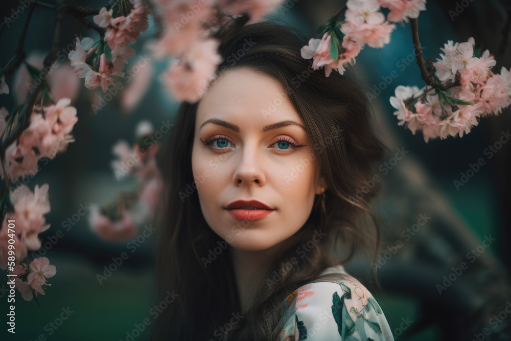 Portrait of a woman with blossoming tree created with AI