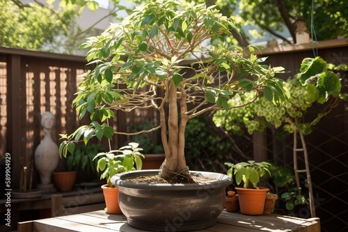 a large potted tree plant outdoors with several small pots