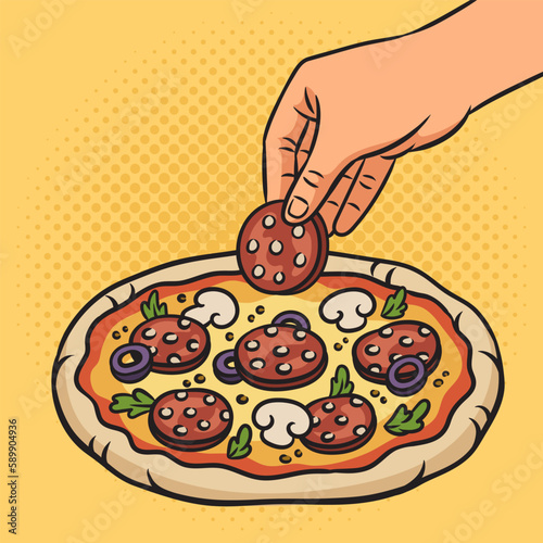 pepperoni pizza cooking pinup pop art retro vector illustration. Comic book style imitation.