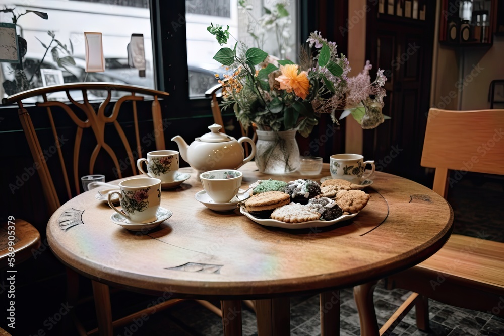 Photo of a rustic wooden table in a cafe with food on it, coffee, bread and so on