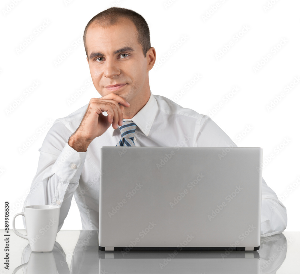 Portrait of young man using laptop isolated on white background Portrait of young man using laptop isolated on white background
