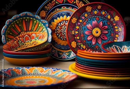 A set of colorful Mexican pottery plates. Cinco de Mayo. Generative AI