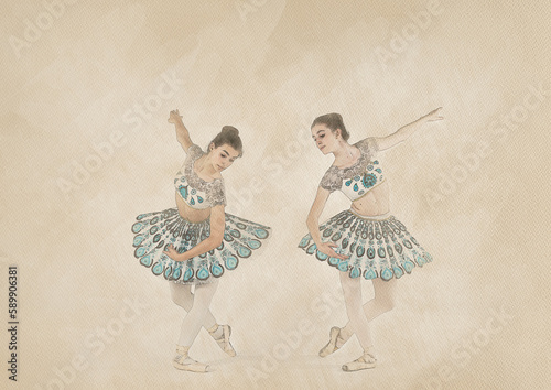 Watercolor with two ballet dancers