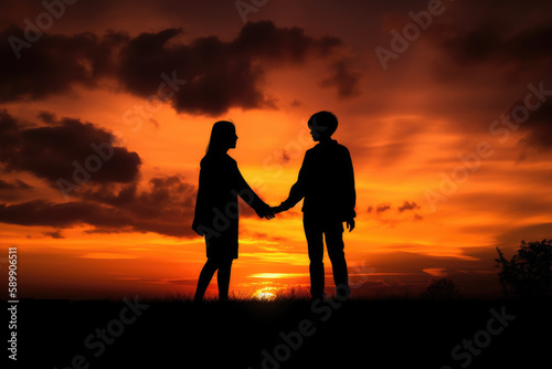 Silhouette of a couple holding hands at sunset created with AI