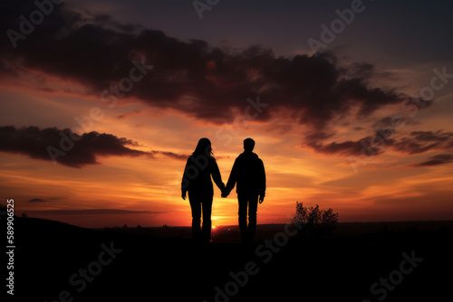 Silhouette of a couple holding hands at sunset created with AI