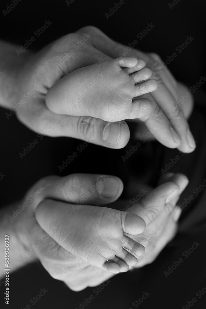 Black and white shade beautiful shape hands of mother, hold tiny newborn baby feet on black background with love, care, family safety and protection, child with premature birth concept or NICU care Black and white shade beautiful shape hands of mother, hold tiny newborn baby feet on black background with love, care, family safety and protection, child with premature birth concept or NICU care