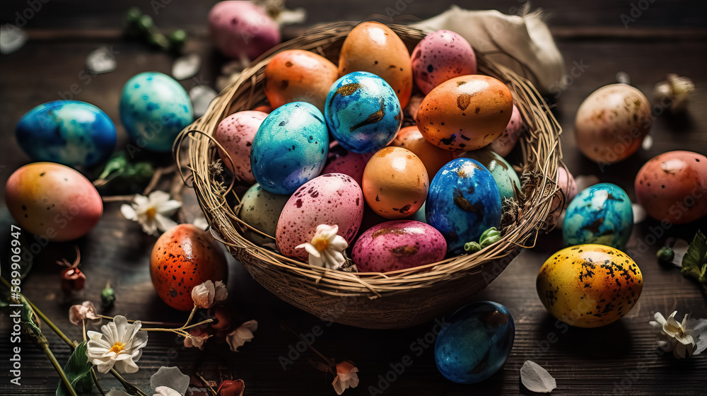 Top view of Easter dotted pastel colors eggs in a wicker basket on wooden table. Selective focus
