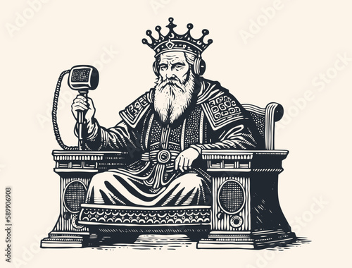 King in a crown with headphones and a microphone. Propaganda concept. Retro engraving style. Vector illustration