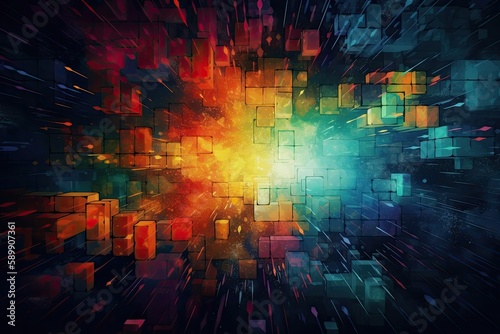 vibrant abstract background with geometric cubes and illuminated lights. Generative AI