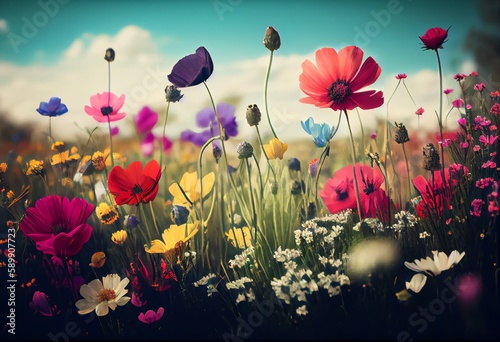 Colorful flower meadow in spring. Generative AI