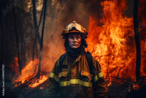 Fireman on the background of a burning forest.Generative AI illustration. © Anastasia