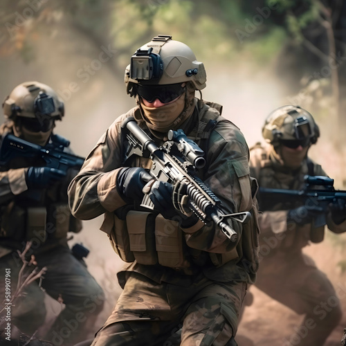 Army soldier in Protective Combat Uniform holding Special Operations Forces Combat Assault Rifle. created with Generative AI technology. photo