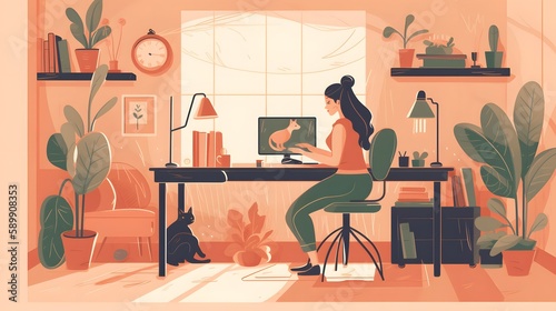 Woman working doing remote work at home  web illustration design  Generative AI