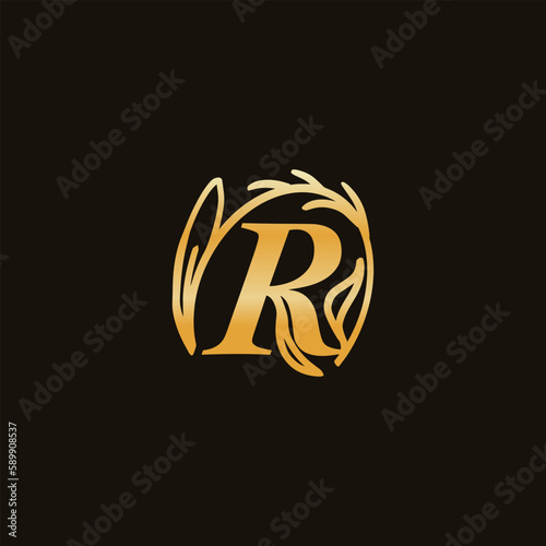 letter R link gold floral logotype design