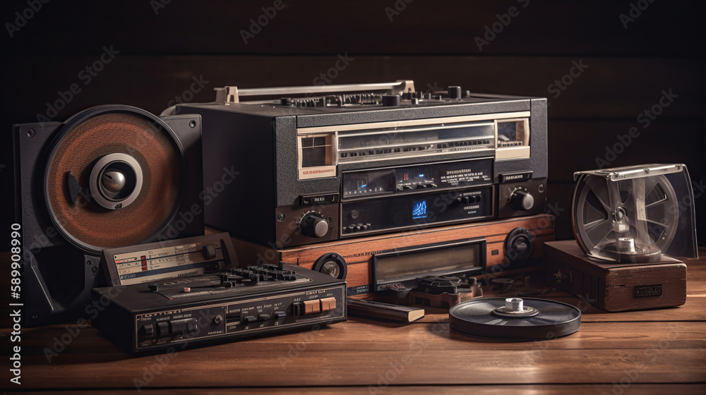 Fototapeta premium Vinyl records, cassette tapes and cassette recorder on wooden table. Retro music style. 80s music party. Vintage style. Analog equipment. Stereo sound. Back to the past. Generative Ai