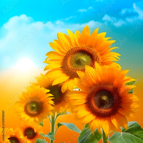 Sunflower field landscape close-up created with Generative AI technology.