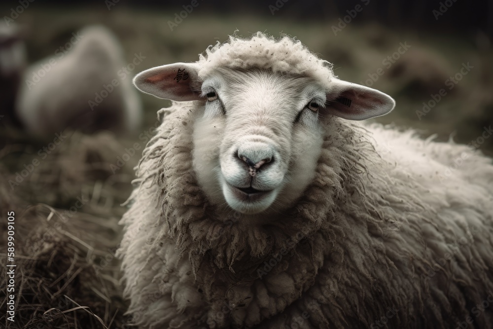 closeup of a fluffy white sheep grazing in a green field. Generative AI