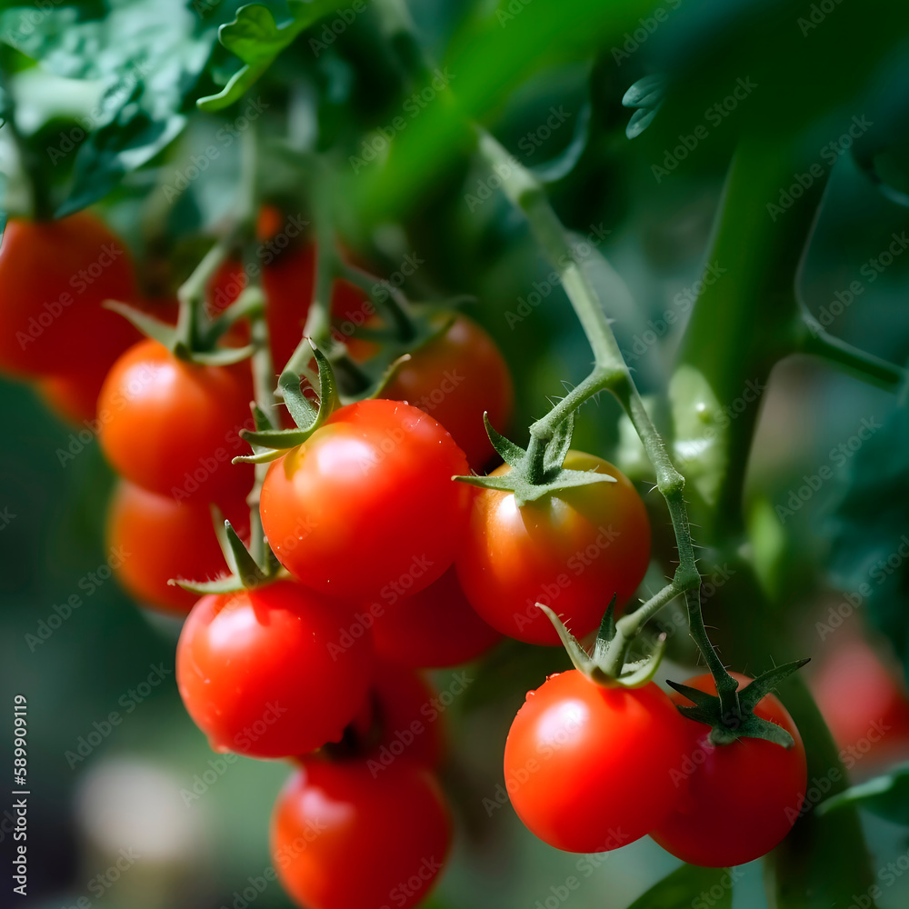 Cherry tomatoes on a branch in the vegetable garden. created with Generative AI technology.