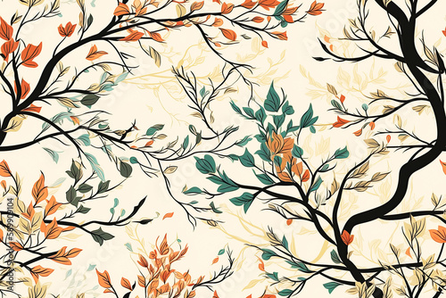 Seamless pattern of branches and leaves on a light background. Generative AI illustration.