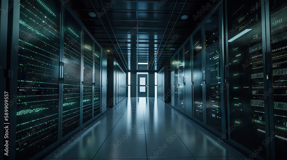 Modern server room supporting AI calculations. Big data center. Based on Generative AI Modern server room supporting AI calculations. Big data center. Based on Generative AI