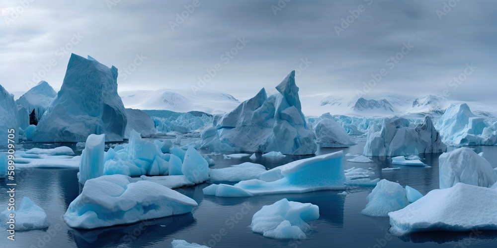 Mer calme dans l'Arctique ou Antarctique avec une multitude d'iceberg