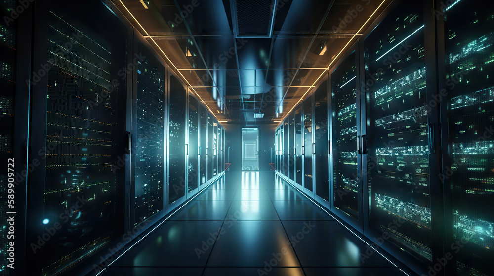 Modern server room supporting AI calculations. Big data center. Based on Generative AI